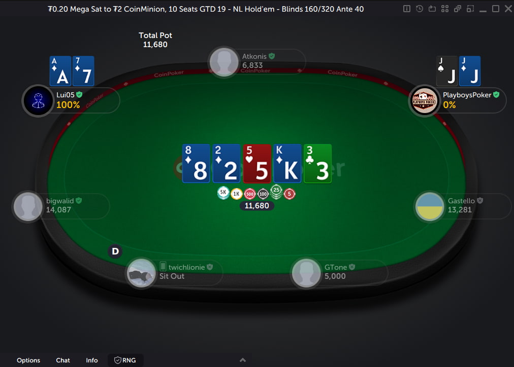 A player with Ace Seven of Diamonds beats a player with Pocket Jacks, holding a flush (the nut flush).