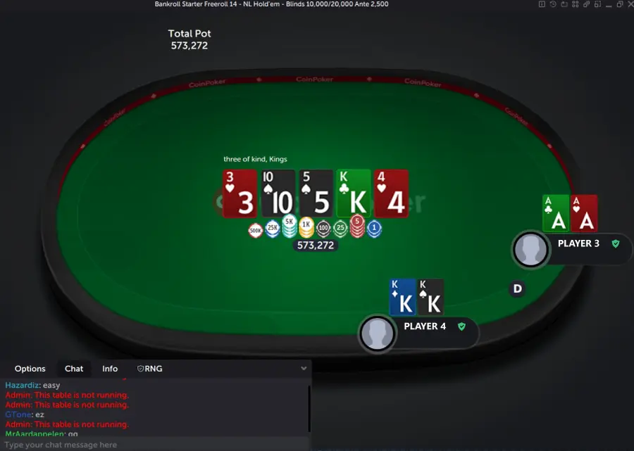 Two players in a No Limit Texas Holdem tournament showdown, where one player wins with a set of Kings (K-K-K-T-5) and the other loses with a pair of Aces (A-A-K-T-5)