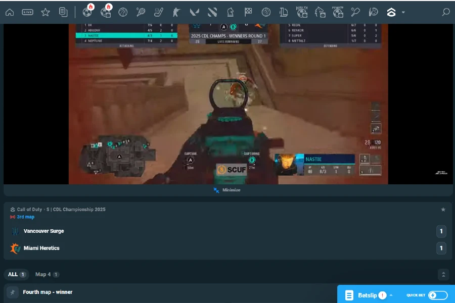A look at a live CDL (Call of Duty League) match in the CoinPoker Esports betting app.