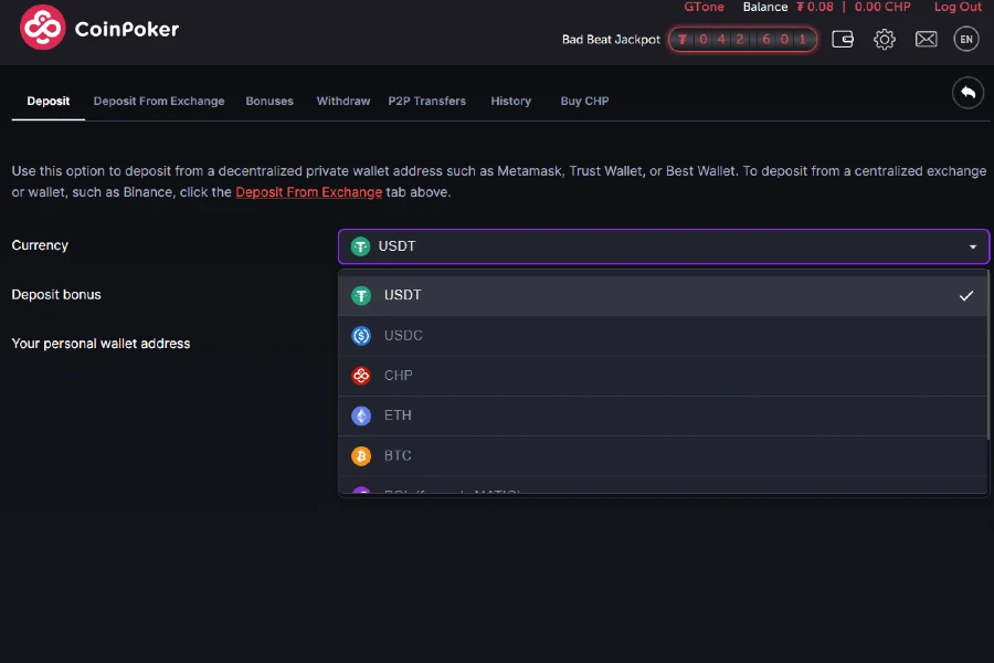 An image shows the CoinPoker Cashier and many different crypto deposit options.