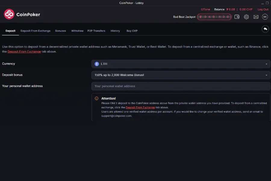 A screenshot of the CoinPoker cashier and Ethereum crypto currency selected.
