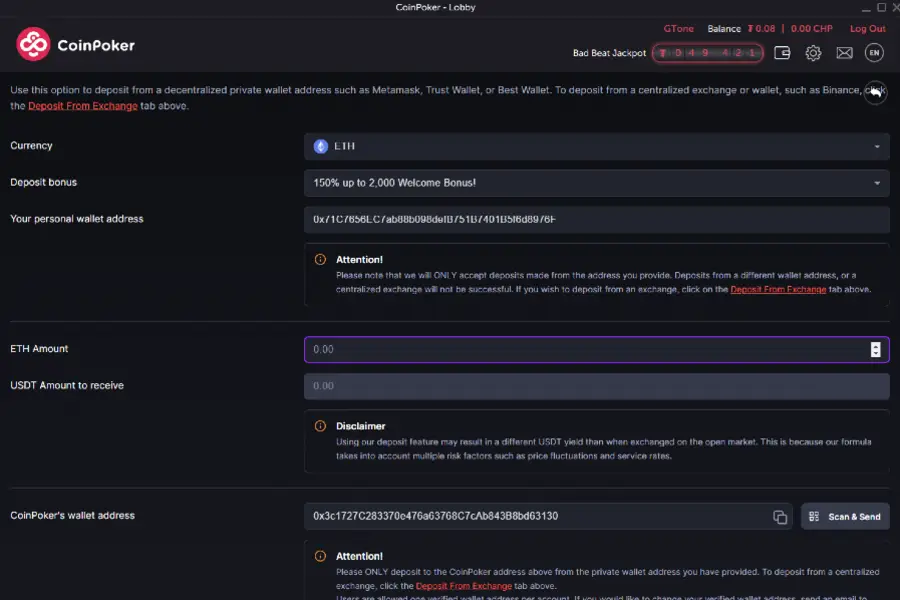A screenshot of the CoinPoker cashier where various fields are filled out for depositing Ethereum (ETH).