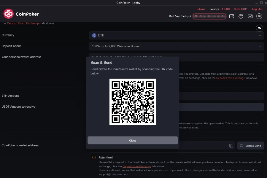 A screenshot of the CoinPoker cashier in the final stage of a deposit where a QR code is used to send Ethereum.